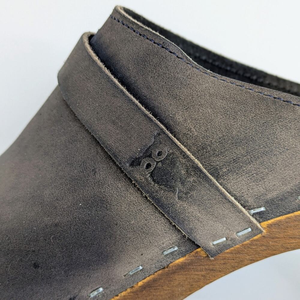 Sandgrens Maya Clogs 39 Brown Nubuck Leather 3" Heel Swedish Wood Base Runs 8.5 - Picture 2 of 16